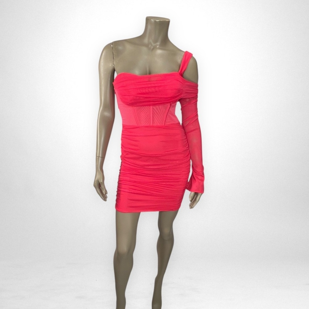 Oh Polly Hot Pink One-Shoulder Ruched Mini Dress